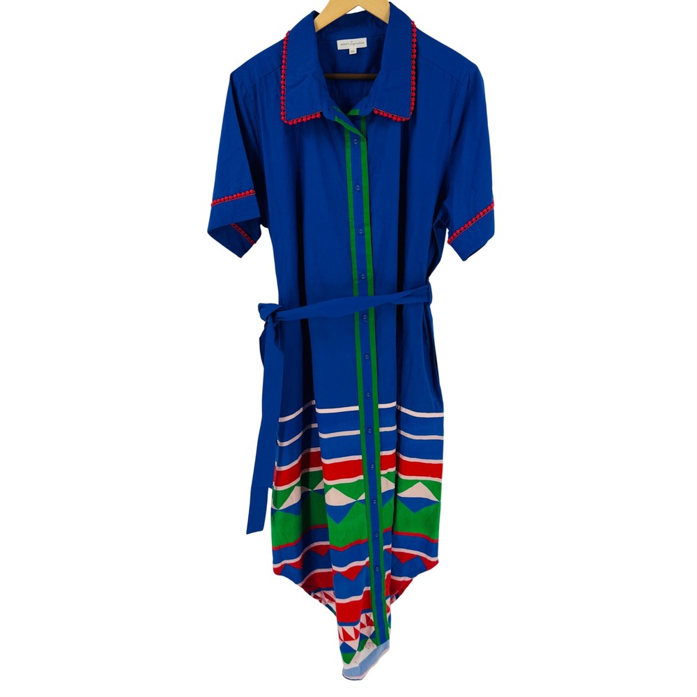 Boutique Adrift Shirt Dress Size 2XL Blue Geometric Pom Pom Trim Preppy Artsy